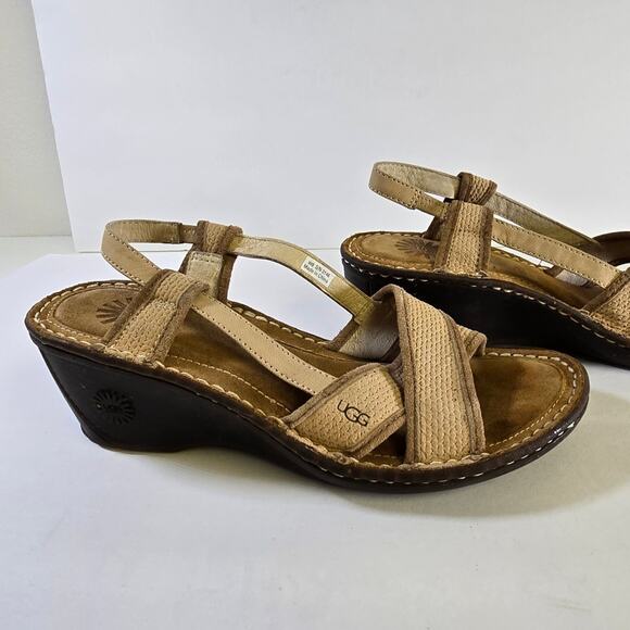 Ugg Brown Tan Mayley Slingback Wedge Sandals Size W8 - Picture 1 of 13